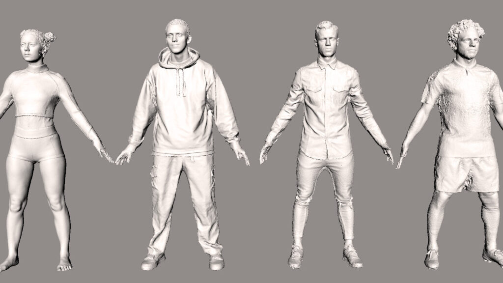 Raw 3D Scans in A-Pose. Captured by Repronauts mobile photogrammetry 3D body scanning studio.