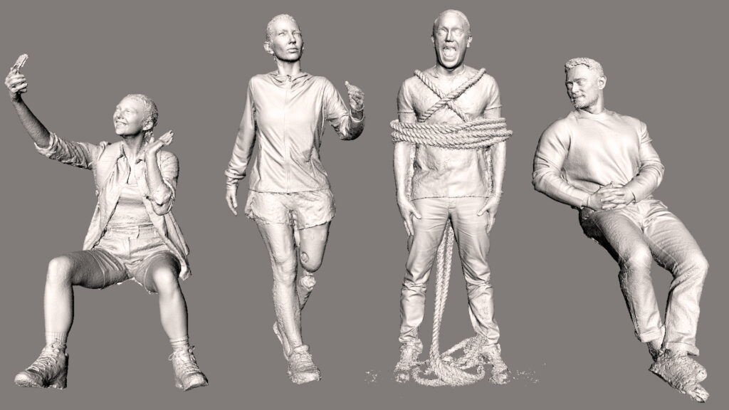 Raw 3D body scans in various poses. Captured by Repronauts mobile 3D body scanner.