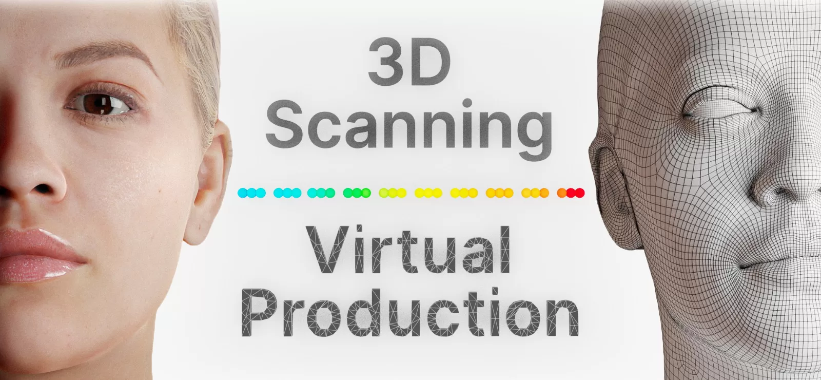 Main Banner. Repronauts 3D Scanning and Virtual Production. 3D Scanned femal face rendered with materials and wireframe.